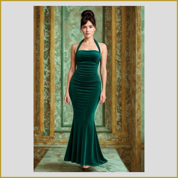 Emerald Green Velvet Halter Mermaid Dress – Ruched Bodycon Formal Gown - Picture 2 of 12